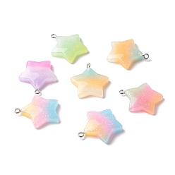 Mixed Color Opaque Resin Pendants, with Platinum Tone Iron Loop & Glitter Powder, Gradient Color, Star, Mixed Color, 28x25.5x5.5mm, Hole: 1.5mm