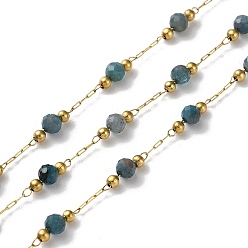 Apatite Ion Plating(IP) Real 18K Gold Plated 316 Stainless Steel Paperclip Chains, with Faceted Round Natural Apatite Beaded, with Spool, Soldered, 3mm