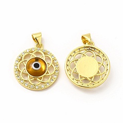 Goldenrod Rack Plating Brass Micro Pave Clear Cubic Zirconia Pendants, with Handmade Evil Eye Lampwork, Cadmium Free & Lead Free, Long-Lasting Real 18K Gold Plated, Flat Round with Flower Charm, Goldenrod, 21.5x19x4.5mm, Hole: 4.5x3.5mm