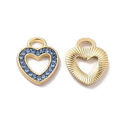 Sapphire Rhinestone Pandants, with Rack Plating Golden Alloy Findings, Nickel Free, Hollow Out Heart Charms, Sapphire, 13x11x1.5mm, Hole: 2x3.5mm
