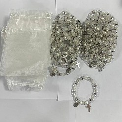 Прозрачный 60шт. браслеты с подвесками из сплава, браслеты из стеклянного жемчуга и стеклянных бусин, овальный и крест, с подарочными пакетами из органзы, прозрачные, внутренний диаметр: 2-1/8 дюйм (5.5 см)