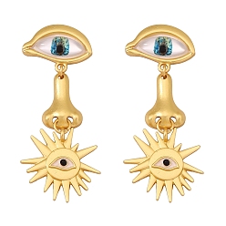Deep Sky Blue Golden Zinc Alloy Dangle Stud Earrings, Eye & Nose & Sun Long Drop Earrings, Deep Sky Blue, 64x27mm