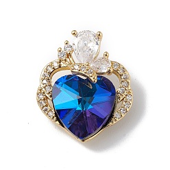 Medium Blue Real 18K Gold Plated Rack Plating Brass Micro Pave Clear Cubic Zirconia Pendants, with Glass, Long-Lasting Plated, Cadmium Free & Lead Free, Butterfly with Heart Charm, Medium Blue, 21x17.5x8mm, Hole: 3.5x2.5mm