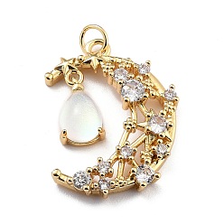 White Brass Micro Pave Cubic Zirconia Pendants, with Glitter Powder Glass & Jump Ring, Long-Lasting Plated, Real 18K Gold Plated, Moon & Teardrop, Lead Free & Cadmium Free, White, 27.5x20x5mm, Jump Ring: 5x0.7mm, Inner Diameter: 3.6mm, Teardrop: 12x7x5mm