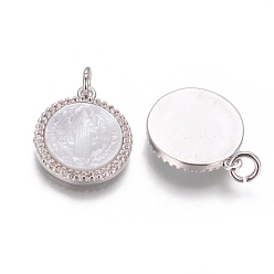 Platinum Brass Pendants, with Micro Pave Cubic Zirconia, Shell and Jump Rings, Flat Round with Saint Benedict, Clear, Platinum, 18x15x3mm, Hole: 3mm