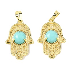 Синтетическая Бирюза Синтетические бирюзовые подвески, латунные полые хамса ручные амулеты, стойки покрытие, без кадмия и без свинца, золотые, 33x22x6.5 мм, отверстие : 7.5x5 мм