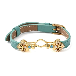 Бирюза Регулируемый браслет из коровьей кожи для изготовления бусин, с фурнитурой в виде цветов из латуни, инкрустированной микрофиброй и синтетическим бирюзовым камнем, и застежками из нержавеющей стали., золотые, бирюзовые, пригодный для 304 мм бусы, 11 дюйм (9.61 см)