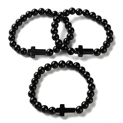 Обсидиан Браслеты из натурального обсидиана и черного оникса (окрашенного и нагретого) с крестообразными и круглыми бусинами, внутренний диаметр: 2-1/8 дюйм (5.5 см)