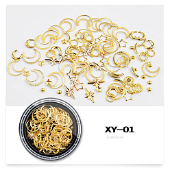 Golden Brass Nail Art Decorations, with Rhinestone, Moon and Star, Golden, about 15g/box