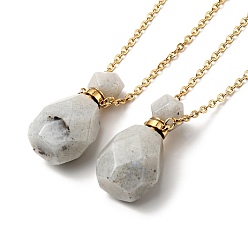 Labradorite Openable Faceted Natural Labradorite Perfume Bottle Pendant Necklaces for Women, 304 Stainless Steel Cable Chain Necklaces, Golden, 18.54 inch(47.1cm)