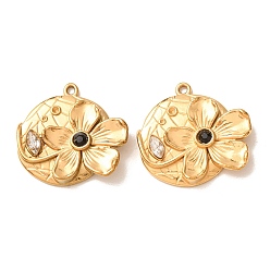 Jet 304 Stainless Steel with Rhinestone Pendants, Flower Charms, Ion Plating(IP), Golden, Jet, 23x24x4mm, Hole: 1.3mm