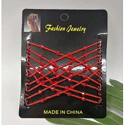 Red Plastic Hair Bun Makers, Stretch Double Hair Combs, with Glass Bead, Red, 75x107mm