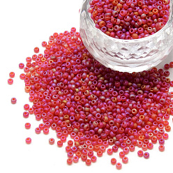 Red 12/0 Grade A Round Glass Seed Beads, Transparent Frosted Style, AB Color Plated, Red, 2x1.5mm, Hole: 0.8mm, about 30000pcs/bag