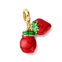 Красный Латунные эмалированные европейские подвески с подвесками, подвески с большим отверстием в виде ананаса и клубники, долговечный, стойки покрытие, без кадмия и без свинца, реальный 18 k позолоченный, красные, 29 мм, отверстие : 5.5 мм