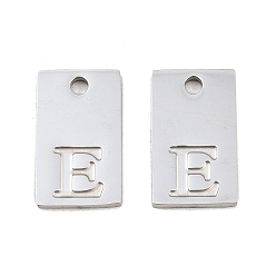 Letter E 304 Stainless Steel Pendants, Rectangle with Letter Charms, Stainless Steel Color, Letter E, 16x10x1.4mm, Hole: 1.8mm
