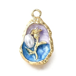 Темно-Голубой Подвески из эмали и сплава, с ABS имитации жемчуга, овальные с цветком, стойки покрытие, долговечный, без свинца, без кадмии и без никеля, золотые, глубокое синее небо, 24.5x14x5 мм, отверстие : 2.1 мм
