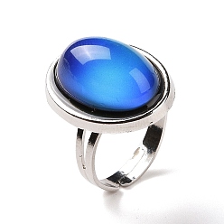 Platinum Glass Oval Mood Ring, Temperature Change Color Emotion Feeling Alloy Adjustable Ring for Women, Platinum, Inner Diameter: 17.6~19.3mm