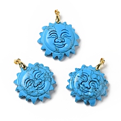 Synthetic Turquoise Synthetic Turquoise Pendants, with Golden Tone Brass Findings, Lead Free & Cadmium Free, Sun with Smiling Face, 42x34~35x10.5mm, Hole: 3.8x5mm