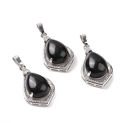 Obsidian Natural Obsidian Pendants, Teardrop Charms, with Platinum Tone Rack Plating Brass Findings, 32x19x10mm, Hole: 8x5mm