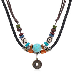 black Vintage Multilayer Turquoise Beaded Leather Necklace with Alloy Bronze Coin Pendant - Retro Style