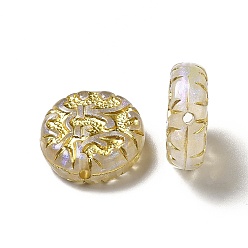 Gold UV Plating Acrylic Beads, Golden Metal Enlaced, Flat Round with Floral, Gold, 14x5.5mm, Hole: 1.2mm, about 690pcs/500g