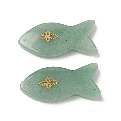 Зеленый Авантюрин Естественный зеленый авантюрин подвески, Подвески в виде рыбок с золотистым оттенком 304 кусочки цветов из нержавеющей стали, 39~41x18.8~19.5x6.5~7.2 мм, отверстие : 1.2 мм