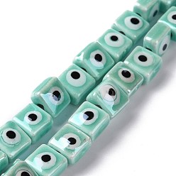 Turquoise Handmade Porcelain Ceramic Beads Strands, Famille Rose Style, Square with Evil Eye, Turquoise, 7.5~8x7.5~8x5~5.5mm, Hole: 2mm, about 40pcs/strand, 12.36~12.44 inch(31.4~31.6cm)