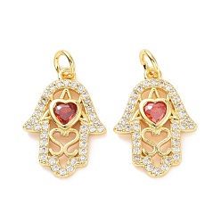 Оранжево-Красный Латунные микро проложить кубического циркония подвески, с прыжковых колец, долговечный, без кадмия и без свинца, золотой свет, Хамса рука с сердцем, оранжево-красный, 18.5x13.5x3 мм