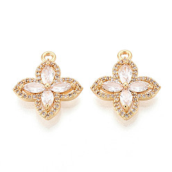 Настоящее золото 18K Латунные микропаве прозрачные подвески с фианитом, клевер, без никеля , реальный 18 k позолоченный, 20.5x17.5x4.5 мм, отверстие : 1.8 мм