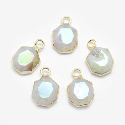 White Electroplate Natural Druzy Agate Pendants, with Brass Findings, Faceted, Heptagon, Golden, White, 16x10.5x4.5mm, Hole: 2.5mm