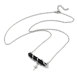 Обсидиан Натуральный обсидиан, ограненный, заостренный, в форме пули, проволока, обвитая подвеской в виде звезды, латунная цепочка., стойки покрытие, платина, 26.10 дюйм (66.3 см)