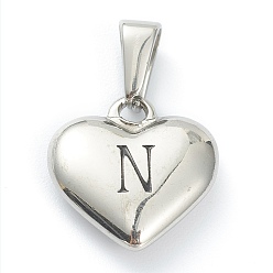 Letter N 304 Stainless Steel Pendants, Heart with Black Letter, Stainless Steel Color, Letter.N, 16x16x4.5mm, Hole: 7x3mm