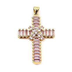 Misty Rose Rack Plating Real 18K Gold Plated Brass Pendants, with Cubic Zirconia, Long-Lasting Plated, Lead Free & Cadmium Free, Cross, Thistle, 35x23.5x5mm, Hole: 5X3.5mm