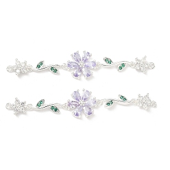 Фиолетовый Шармы-соединители из латуни с паве из кубического циркония, цветок ссылки, для изготовления аксессуаров для волос, серебряный цвет гальваническим, фиолетовые, 60x12x3 мм, отверстие : 0.8 мм