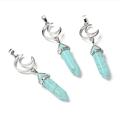 Synthetic Turquoise Synthetic Turquoise Double Terminated Pointed Big Pendants, with Platinum Tone Brass Findings, Cadmium Free & Lead Free, Moon with Bullet, Faceted, 70~75mm, Hole: 4.6x8mm