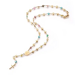 Golden 304 Stainless Steel Rosary Bead Necklaces, with Enamel Evil Eye, Oval with Virgin Mary, Cross, Golden, 19 inch(48.3cm)