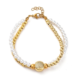 Плоский Круглый Латунь многожильных браслеты, браслеты со стразами для женщин, ионное покрытие (ip), с пластиковой имитацией жемчуга и 304 карабином из нержавеющей стали, реальный 18 k позолоченный, плоско-круглые, 7-1/4 дюйм(18.5см)+30удлинитель мм