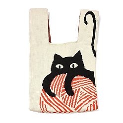 Cat Shape Mini sacs fourre-tout en tricot de polyester, sac fourre-tout au crochet sac à lunch, forme de chat, 34x19.5x2.1 cm