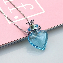 Light Sky Blue Lampwork Heart Perfume Bottle Necklaces, Pendant Necklace with Stainless Steel Chains, Light Sky Blue, 23.62 inch(60cm)