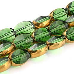 Lime Green Electroplate Transparent Glass Beads Strands, with Golden Plated Edge, Faceted Oval, Lime Green, 8~9x6.5x5mm, Hole: 1.2mm, about 37pcs/strand, 23.78 inch(60.4cm)