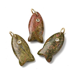 Унакит Природные подвески Unakite, подвески в виде рыбок с латунной микрофиброй и фианитами, золотые, 24x12x5 мм, Перейти кольцо: 8x1 мм, внутренний диаметр: 6 мм