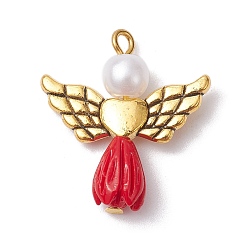 Red Resin Imitation Pearl Pendants, Rose Angel Charms with Antique Golden Plated Alloy Heart Wings, Red, 23.5~24x22x6.5mm, Hole: 1.8~2.2mm