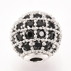 Platine Micro en laiton pavent des perles cubes de zircone, ronde, noir, platine, 8mm, Trou: 1.5mm