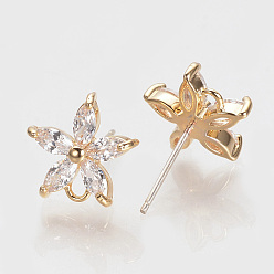 Real 18K Gold Plated Brass Cubic Zirconia Ear Stud Findings, with Loop, Nickel Free, Real 18K Gold Plated, Flower, 11.5x12mm, Hole: 1.5mm, pin: 0.5mm