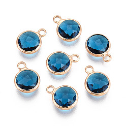 Темно-Голубой Латунь стекло прелести золотой тон, плоско-круглые, граненые, глубокое синее небо, 11~12x8.5~9x3.5~4 мм, отверстие : 1.8~2 мм