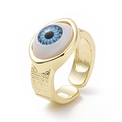 Steel Blue Resin Horse Eye Open Cuff Ring, Real 18K Gold Plated Brass Jewelry for Women, Cadmium Free & Lead Free, Steel Blue, US Size 6 3/4(17.1mm)