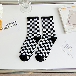 Black Polyester Knitting Socks, Tartan Pattern Crew Socks, Winter Warm Thermal Socks, Black, 350x130x7mm