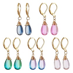 Mixed Color Brass Dangle Leverback Earrings, Glass Teardrop Drop Earrings, Mixed Color, 36x8.5mm