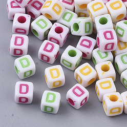 Letter D Белые непрозрачные акриловые бусины, горизонтальное отверстие, куб с разноцветными буквами, letter.d, 5x5x5 мм, отверстие : 2 мм, Около 5000 шт / 500 г