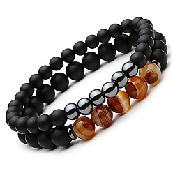 Style 1 Matte Agate Stone Striped Bracelet Set with Black Magnetic Hematite Beads and Elastic Cord